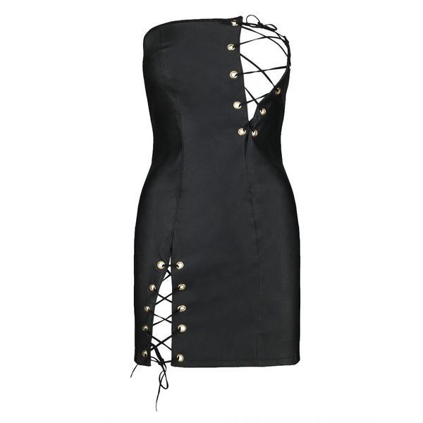 Мінісукня з екошкіри Passion CELINE CHEMISE, black, шнурівка, трусики в комплекті SO7062 фото