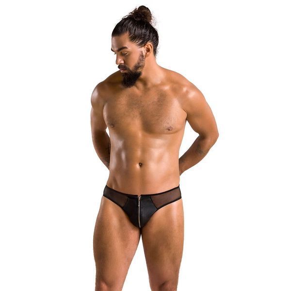 Мужские слипы на молнии Passion 042 SLIP TIMMY Black, экокожа, сетка SO7598 фото