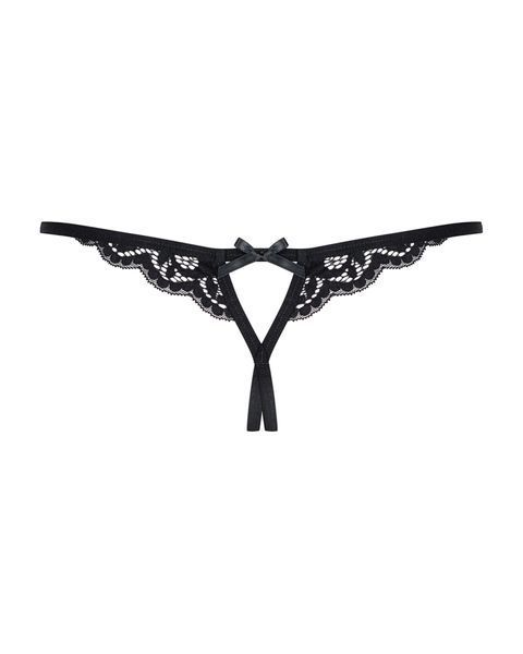 Мереживні танги з двома отворами Obsessive 831-THC-1 crotchless thong, чорні, бантики SO7175 фото