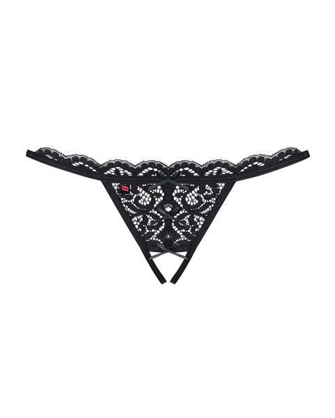 Мереживні танги з двома отворами Obsessive 831-THC-1 crotchless thong, чорні, бантики SO7176 фото