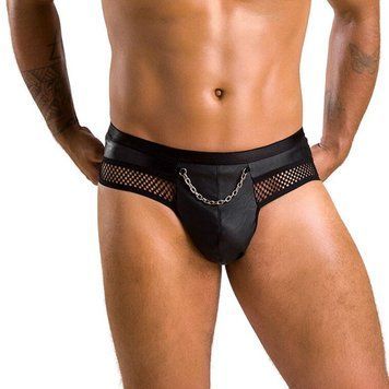 Чоловічі труси з ланцюжком Passion 030 SLIP TOM Black, екошкіра, відкриті сідниці SO7563 фото