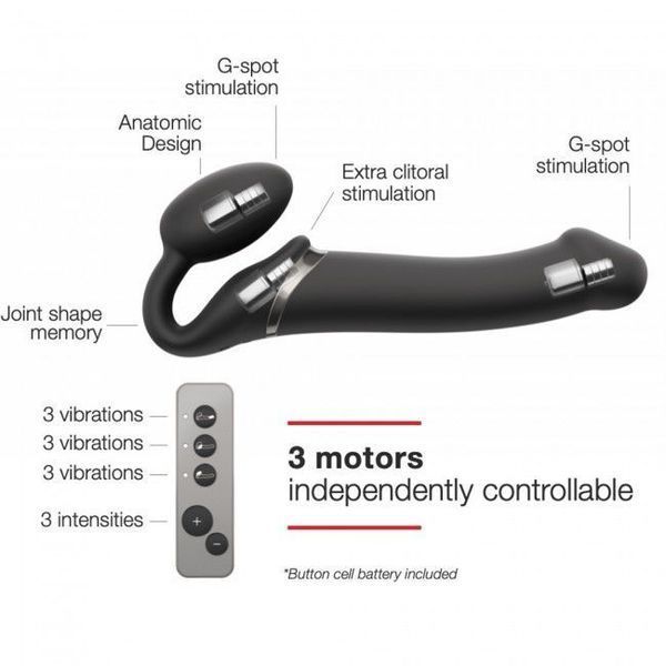 Безремневой страпон с вибрацией Strap-On-Me Vibrating Black M, диаметр 3,8см, пульт ДУ, регулируемый SO3354 фото