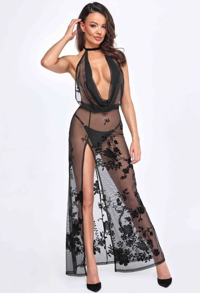 Сукня Noir Handmade F312 Divinity, black, прозора, до підлоги, відкрита спина, розріз збоку SX0314 фото