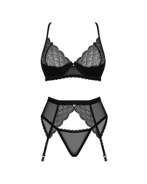 Комплект Obsessive Chemeris 3-pcs set, стрінги, пояс для панчіх, бюстгальтер SO9768 фото