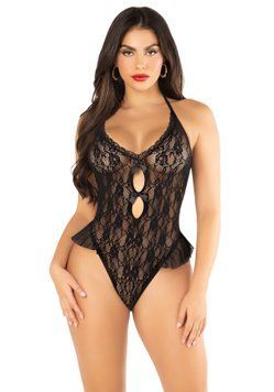 Боді Leg Avenue Lace Floral Lace Halter Teddy with Flutter Accent One Size SX1755 фото