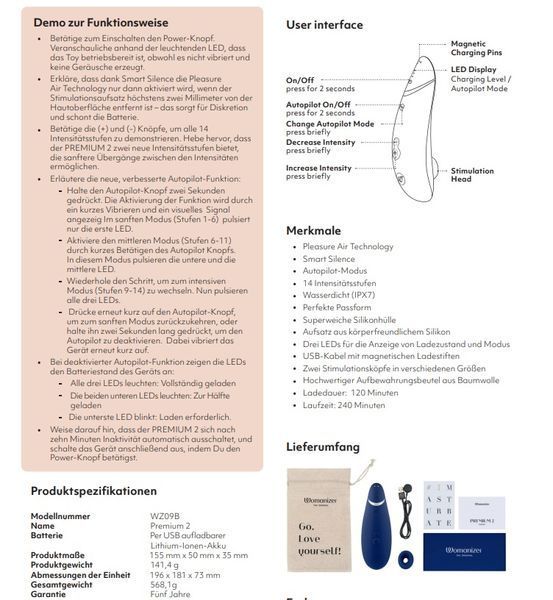 Вакуумный стимулятор Womanizer Premium 2, 14 уровней интенсивности SO8749 фото