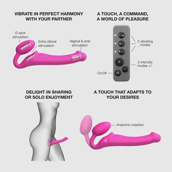Безремневой страпон с вибрацией Strap-On-Me Vibrating Fuchsia, пульт ДУ, регулируемый SX2571 фото