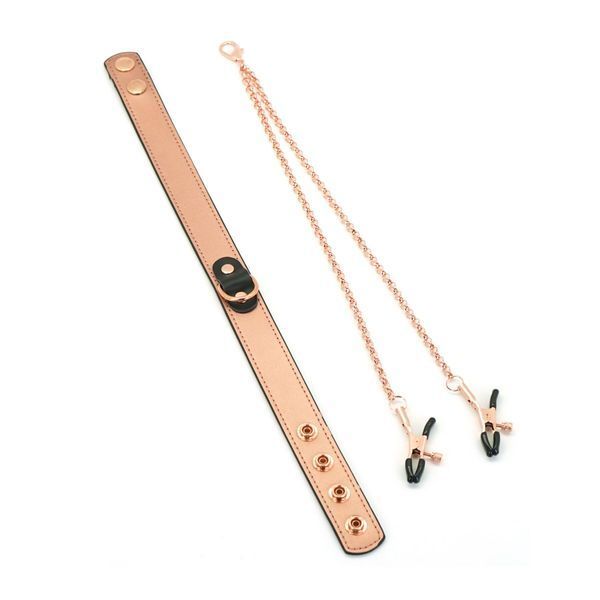 Ошейник с зажимами для сосков Liebe Seele Rose Gold Memory Collar with Nipple Clamps, кожа SO9495 фото
