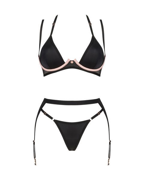 Комплект білизни Obsessive Selinne 3-pcs set Black, бюстгальтер, стрінги пояс для панчіх SO8667 фото