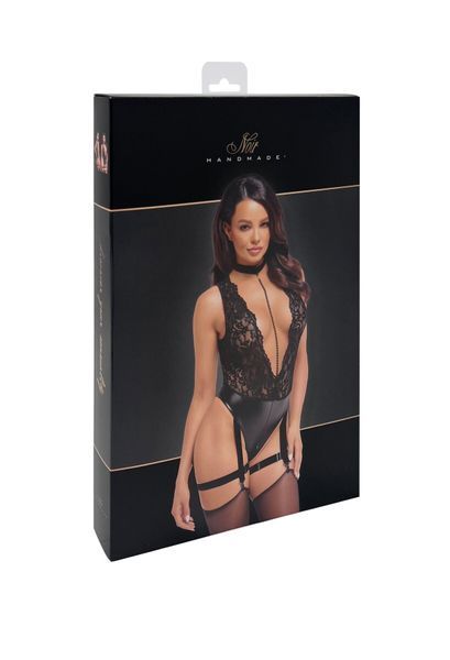 Боді Noir Handmade F297 Libido, чорне, мереживо, низ під латекс, відкритий доступ, гартери SX0224 фото