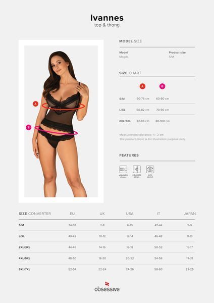 Напівпрозорий набір з прикрасами Obsessive Ivannes top & thong, чорний, топ та танга SO7284 фото