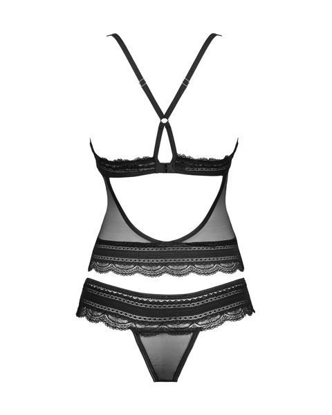 Напівпрозорий набір з прикрасами Obsessive Ivannes top & thong, чорний, топ та танга SO7284 фото