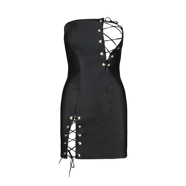 Мінісукня з екошкіри Passion CELINE CHEMISE, black, шнурівка, трусики в комплекті SO6407 фото