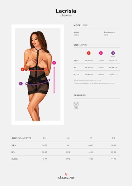 Полупрозрачная сорочка с открытой грудью Obsessive Lacrisia chemise, черная, с чокером SO7286 фото