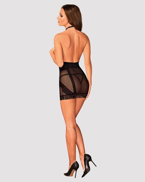 Полупрозрачная сорочка с открытой грудью Obsessive Lacrisia chemise, черная, с чокером SO7286 фото