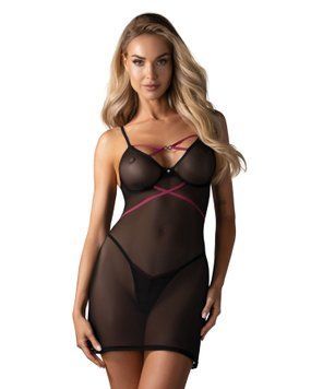 Пеньюар Obsessive Novenes chemise & thong, обтислий, прозорий, зі стрепами, стрінги в комплект SX0619 фото