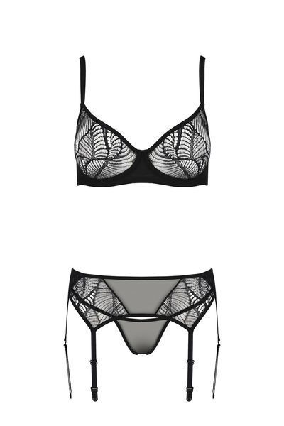 Комплект Passion LEAFA SET black, мереживо+сітка, бюстгальтер на кісточках, стрінги, пояс для панчіх SX0510 фото